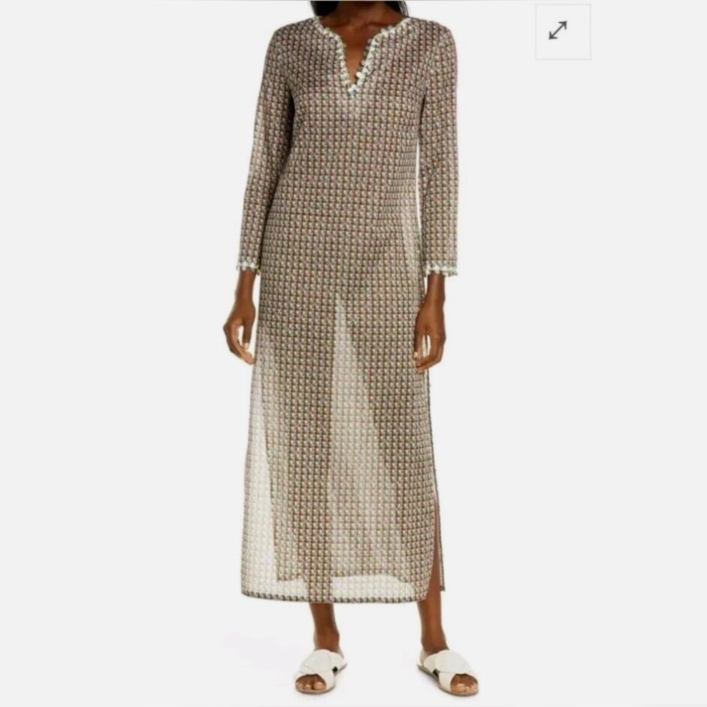 Tory Burch Shell Embellished Cane Weave Pattern Green Tan Resort Caftan - L - Picture 10 of 10